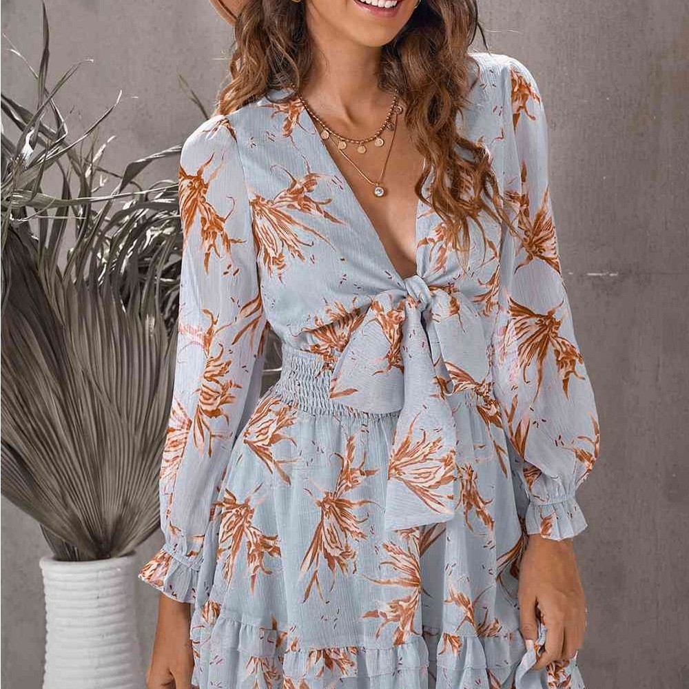 Light Blue Floral Tie Front Mini Dress Long Sleeve Boho Ruffle